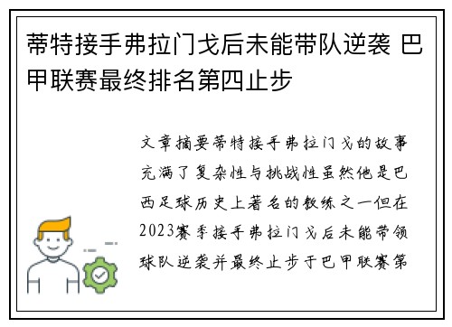 蒂特接手弗拉门戈后未能带队逆袭 巴甲联赛最终排名第四止步