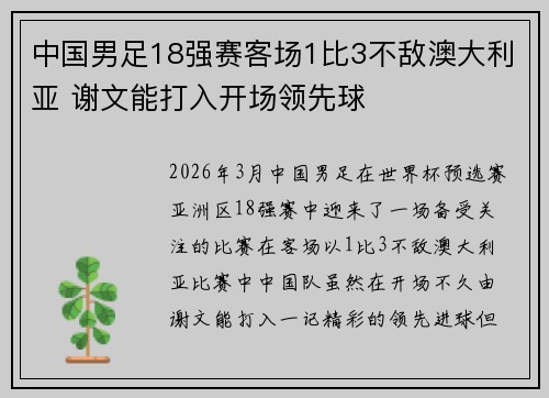 中国男足18强赛客场1比3不敌澳大利亚 谢文能打入开场领先球
